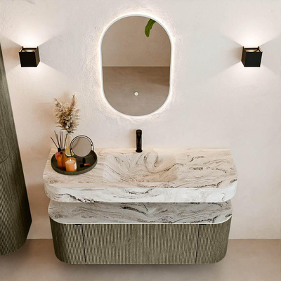 MONDIAZ THOR-DLUX 130cm meuble de salle de bains arrondi gauche + droite couleur Shadow avec 1 tiroir et 2 portes. Vasque suspendue CLOUD Milieu 1 trou de robinet couleur Glace.