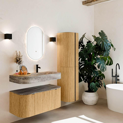 MONDIAZ THOR-DLUX 100cm badmeubel ronding links + rechts kleur Oak met 1 lade en 2 deuren. Vrijhangende wastafel CLOUD Rechts 1 kraangat kleur Oza.