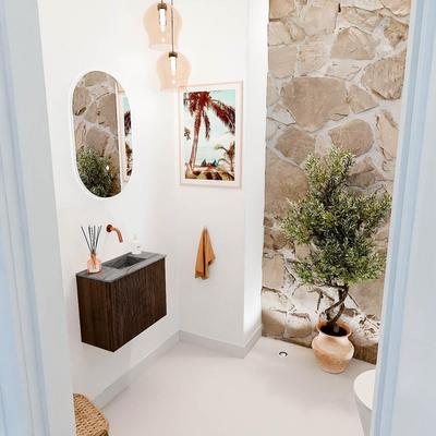 Mondiaz JOYA-DLUX 50cm toiletmeubel - kleur Walnut - Wastafel FAYE positie Rechts Zonder kraangat kleur Sombra.