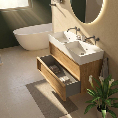 Saniclass Holz Frame Ensemble de meuble de salle de bains - 120x45x72cm - Legend lavabo en céramique blanc mat - 2 vasques - 2 trous de robinet - 2 tiroirs - chêne natural mat (bois)