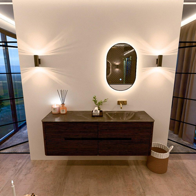 Mondiaz CIRO-DLUX Meuble de salle de bains - 150x45x50cm - Plan vasque solid surface Lava - 1 vasque à droite - sans trous de robinetterie - 4 tiroirs - Noyer