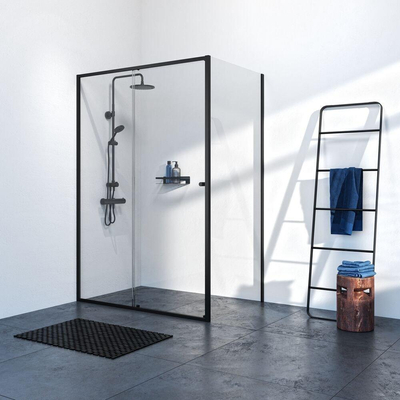 Sealskin Contour porte coulissante avec paroi latérale 140x90 cm, 200 cm de haut, noir, verre de sécurité clair 6 mm