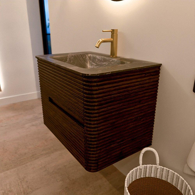Mondiaz CIRO-DLUX Meuble de salle de bains - 70x45x50cm - Lavabo solid surface Lava - 1 vasque au milieu - 1 trou de robinet - 2 tiroirs - Noyer