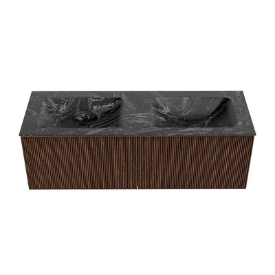 MONDIAZ KURVE-DLUX 130cm badmeubel kleur Walnut met 2 lades. Wastafel LEAF dubbel zonder kraangat kleur Lava.