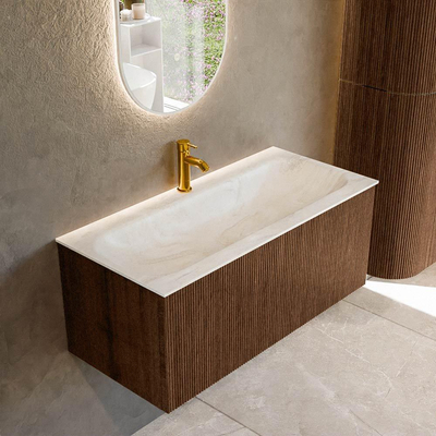 MONDIAZ KURVE-DLUX 100cm badmeubel kleur Walnut met 1 lade. Wastafel BIG MEDIUM midden 1 kraangat kleur Ostra.