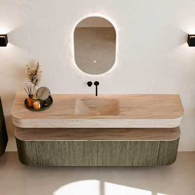 MONDIAZ THOR-DLUX 190cm meuble de salle de bains arrondi gauche + droite couleur Shadow avec 2 tiroirs et 2 portes. Vasque suspendue CLOUD Milieu sans trou de robinet couleur Saba.