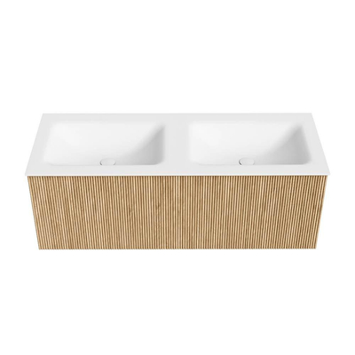 MONDIAZ KURVE 120cm Meuble salle de bain - couleur Oak - 1 tiroir - vasque CLOUD double - sans trous de robinet - Talc