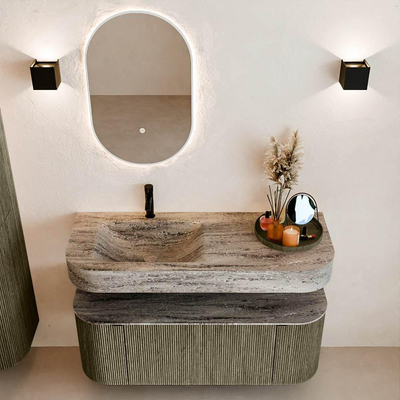 MONDIAZ THOR-DLUX 120cm meuble de salle de bains arrondi gauche + droite couleur Shadow avec 1 tiroir et 2 portes. Vasque suspendue CLOUD Gauche 1 trou de robinet couleur Oza.