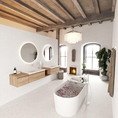 MONDIAZ BUKLA 240cm ensemble de meuble avec module ouvert 40 à droite couleur Chêne blanchi avec 3 tiroirs. Lavabo CLOUD double 0 trou de robinet couleur Talc.