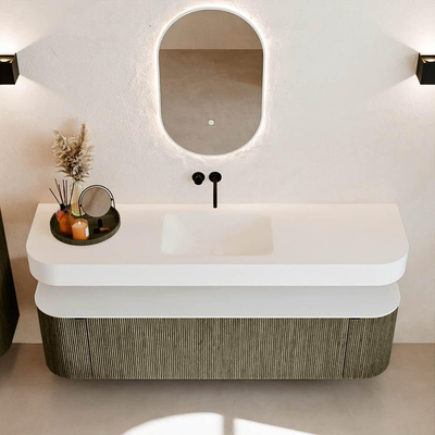 MONDIAZ THOR Meuble de salle de bains 170cm arrondi gauche + droite couleur Shadow avec 1 tiroir et 2 portes. Vasque suspendue CLOUD Milieu sans trou de robinet couleur Talc.