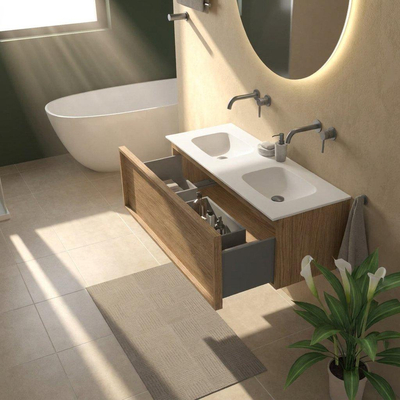 Saniclass Holz Frame Ensemble de meubles de salle de bains - 120x45x41.5cm - Flow lavabo en Solid Surface blanc - 2 vasques - sans trous de robinet - 1 tiroir - chêne natural mat (bois)