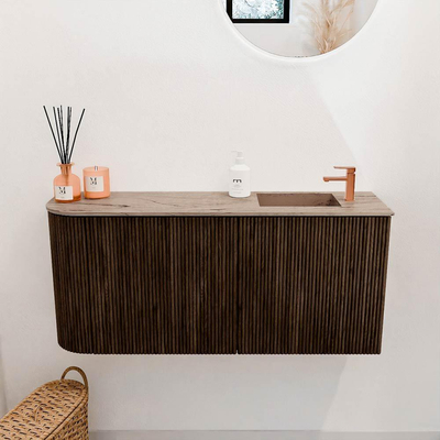 Mondiaz JOYA-DLUX 91.6cm toiletmeubel - ronding links kleur Walnut - Wastafel FAYE positie Rechts 1 kraangat kleur Arena.