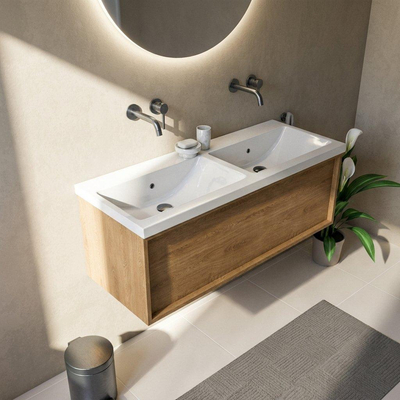 Saniclass Holz Frame Ensemble meuble de salle de bains - 120x45x43.5cm - lavabo Bari en céramique blanc - 2 vasques - sans trous de robinetterie - 1 tiroir - chêne natural mat (bois)
