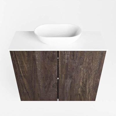 Mondiaz Fowy Meuble de toilette - 60x50x23cm - marron foncé mat - 0 trous de robinet - lavabo centré - 2 portes - solid surface - plan en mélamine - lavabo : blanc