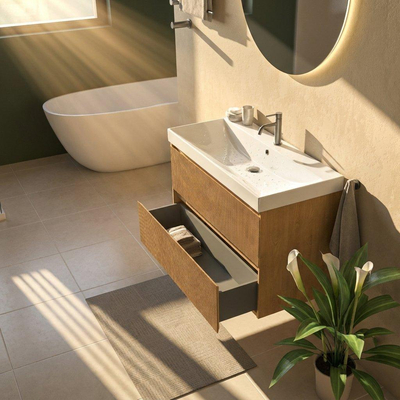 Saniclass Holz Atelier Ensemble meuble de salle de bains - 100x45x67.5cm - lavabo Wave en céramique - 1 vasque - 1 trou de robinetterie - 2 tiroirs - chêne naturel mat (bois)