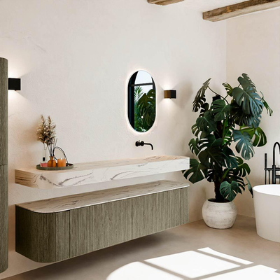 MONDIAZ THOR-DLUX Meuble de salle de bains - 190cm - arrondi gauche + droite - couleur Shadow - 2 tiroirs - 2 portes - Vasque suspendue CLOUD droite sans trou de robinet - couleur Nata