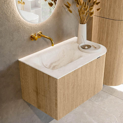 MONDIAZ KURVE-DLUX meuble de salle de bains 75cm avec module 25 R couleur chêne avec 1 tiroir et 1 porte. Vasque GRUNNE gauche sans trou de robinet couleur Frappe.