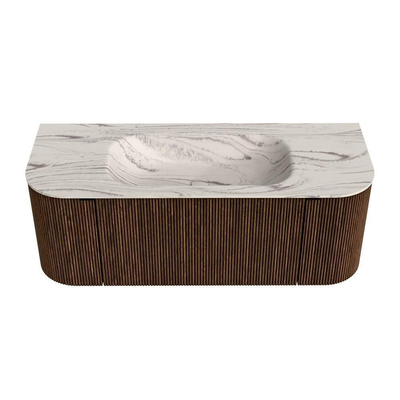 MONDIAZ KURVE-DLUX 120cm badmeubel ronding Links + Rechts kleur Walnut met 1 lade en 2 deuren. Wastafel BIG SMALL Midden zonder kraangat Nata.