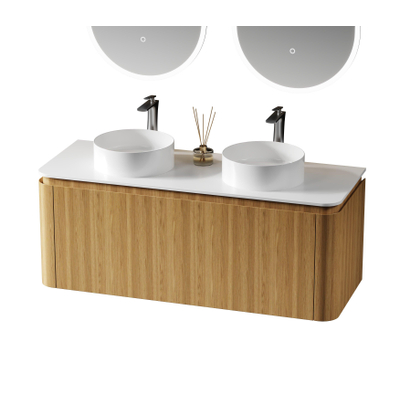 Saniclass Terra Ensemble meuble de salle de bain - 120x42x45,5 cm - plan de surface solide blanc mat - 2 tiroirs - Sandwood (chêne clair)