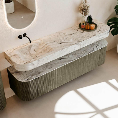 MONDIAZ THOR-DLUX 180cm meuble de salle de bains arrondi gauche + droite couleur Shadow avec 2 tiroirs et 2 portes. Vasque suspendue CLOUD Gauche sans trou de robinet couleur Glace.