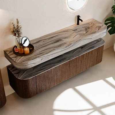 MONDIAZ THOR-DLUX 180cm meuble de salle de bains arrondi gauche + droite couleur Walnut avec 2 tiroirs et 2 portes. Vasque suspendue CLOUD Droite 1 trou de robinet couleur Sombra.