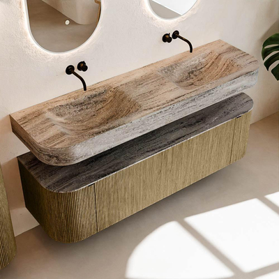 MONDIAZ THOR-DLUX 160cm meuble de salle de bains arrondi gauche + droite couleur Dusk avec 1 tiroir et 2 portes. Vasque suspendue CLOUD Double sans trou de robinet couleur Oza.