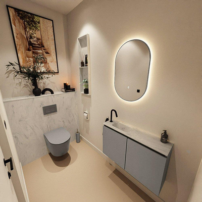 MONDIAZ TURE-DLUX Meuble toilette - 80cm - Smoke - EDEN - vasque Opalo - position gauche - 1 trou de robinet