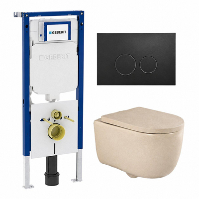 QeramiQ Dely Swirl Toiletset - 36.3x51.7cm - Geberit UP720 Duofix Sigma inbouwreservoir - 35mm zitting - mat zwarte metalen bedieningsplaat - ronde knoppen - mat beige