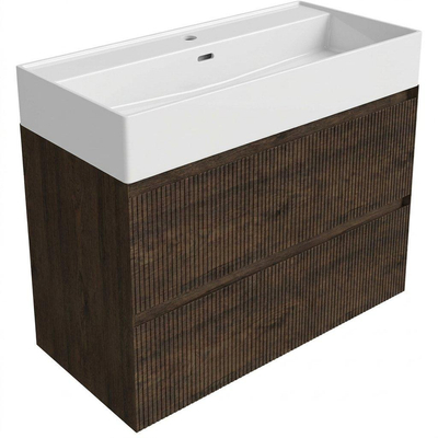 Saniclass Holz Atelier Ensemble meuble de salle de bains - 100x45x72cm - lavabo Legend en céramique blanc - 1 vasque - 2 trous de robinet - 2 tiroirs - chêne charcoal mat (bois)