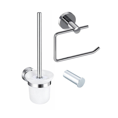 Fortifura Calvi Toiletset 3-delig - toiletrolhouder - zonder klep - toiletborstel - handdoekhaak enkel rond - hoogglans chroom