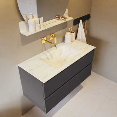 Mondiaz VICA-DLUX ensemble de meuble de salle de bain - 100cm - meuble sous-vasque gris foncé - 2 tiroirs - lavabo encastré nuage milieu - sans trous de robinet - version haute de 60cm - opalo