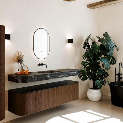 MONDIAZ THOR-DLUX 170cm meuble de salle de bains arrondi gauche + droite couleur Walnut avec 1 tiroir et 2 portes. Vasque suspendue CLOUD Milieu sans trou de robinet couleur Lava.