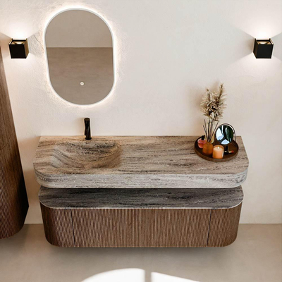 MONDIAZ THOR-DLUX 150cm badmeubel ronding links + rechts kleur Walnut met 1 lade en 2 deuren. Vrijhangende wastafel CLOUD Links 1 kraangat kleur Oza.