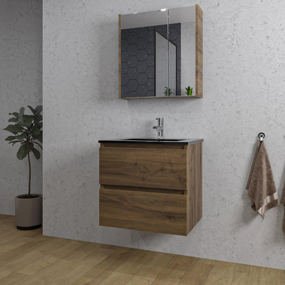 Saniclass Chaci Meuble de salle de bain - 60x46x55cm - lavabo en céramique noir - 1 vasque - 1 trou de robinet - 2 tiroirs - armoire miroir - noyer (hout)