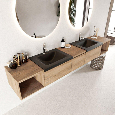 Mondiaz BUKLA badkamermeubelset 240x45x34cm 2 kraangaten 2 wasbakken solid surface Urban greeploos 3 lades met softclose Melamine Washed Oak