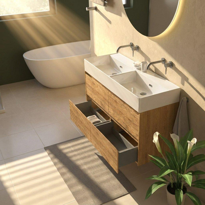 Saniclass Holz Pure Ensemble de meubles de salle de bains - 120x45x72cm - lavabo Legend en céramique blanc - 2 vasques - sans trous de robinetterie - 4 tiroirs - chêne natural mat (bois)