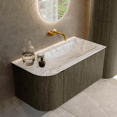 Mondiaz KURVE-DLUX Badkamermeubelset - 95x46x40cm - 1 lade - 1 deur - wastafel solid surface - rechts - zonder kraangat - Shadow