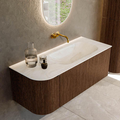MONDIAZ KURVE-DLUX Meuble de salle de bains 115 cm avec module 25 L couleur Walnut avec 1 tiroir et 1 porte. Lavabo BIG SMALL à droite sans trou de robinet couleur Ostra.