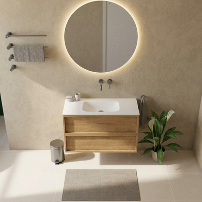 Saniclass Holz Frame Ensemble de meubles de salle de bains - 100x45x61.5cm - Flow lavabo en solid surface blanc - 1 vasque - sans trou de robinetterie - 2 tiroirs - chêne naturel mat (bois)
