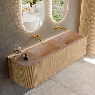 MONDIAZ KURVE-DLUX meuble de salle de bains 155cm arrondi à gauche couleur chêne avec 2 tiroirs et 1 porte. Lavabo LEAF double / à droite sans trou de robinet Saba.