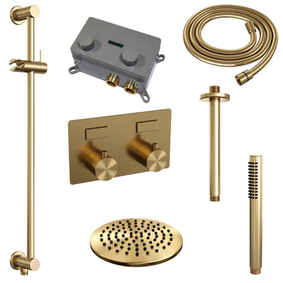 BRAUER Gold Edition Thermostatische Regendouche inbouw - drukknoppen - SET 65 - 20cm hoofddouche - plafondarm - staaf handdouche - doucheslang - geïntegreerde glijstang - goud geborsteld PVD