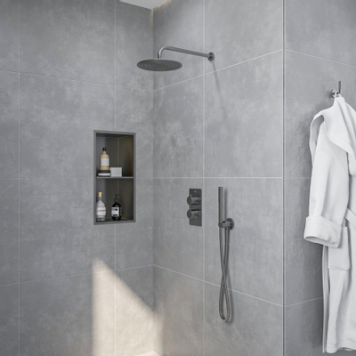 FugaFlow Eccelente Acces Ensemble de douche de tête encastré - thermostatique - bras mural - pomme de douche 25cm - douchette à main sur barre - flexible de douche lisse - Inox brossé PVD (Inox)