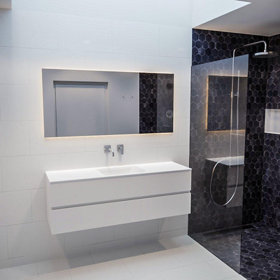 ENSEMBLE DE MEUBLE MONDIAZ VICA - 150 cm - 2 tiroirs - lavabo Cloud central - 0 trous de robinet - solid surface talc