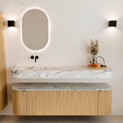 MONDIAZ THOR-DLUX 160cm badmeubel ronding links + rechts kleur Oak met 1 lade en 2 deuren. Vrijhangende wastafel CLOUD Links zonder kraangat kleur Glace.