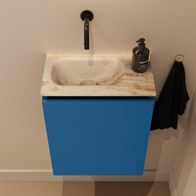 MONDIAZ TURE-DLUX Meuble de toilettes 40 cm Jeans. Lavabo EDEN Frappe position gauche. Sans trou de robinet.