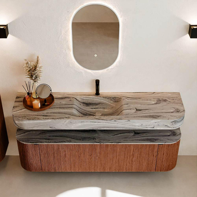 MONDIAZ THOR-DLUX 170cm meuble de salle de bains arrondi gauche + droite couleur Ruby avec 1 tiroir et 2 portes. Vasque suspendue CLOUD Milieu 1 trou de robinet couleur Sombra.