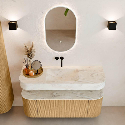 MONDIAZ THOR-DLUX 130cm meuble de salle de bains arrondi gauche + droite couleur Oak avec 1 tiroir et 2 portes. Vasque suspendue CLOUD Milieu sans trou de robinet couleur Ostra.