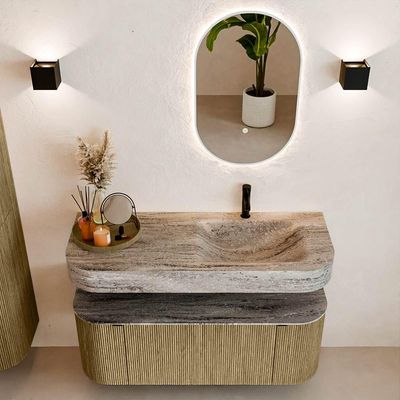 MONDIAZ THOR-DLUX 120cm meuble de salle de bains arrondi gauche + droite couleur Dusk avec 1 tiroir et 2 portes. Vasque suspendue CLOUD Droite 1 trou de robinet couleur Oza.