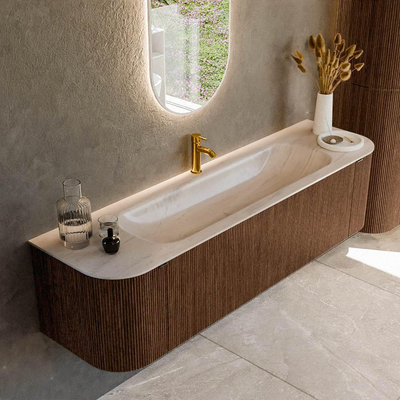 MONDIAZ KURVE-DLUX 170cm badmeubel ronding Links + Rechts kleur Walnut met 1 lade en 2 deuren. Wastafel BIG LARGE Midden 1 kraangat Meli.