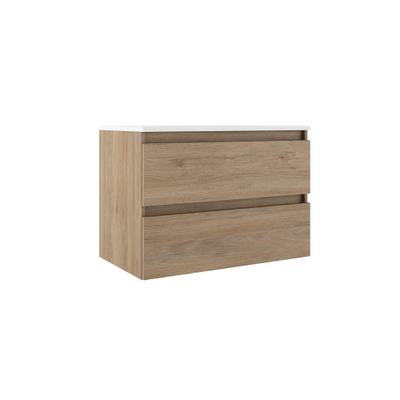 Saniclass Chacito Meuble de salle de bain - 100x40x55cm - peu profond - 2 tiroirs - sans poignée - lavabo brillant blanc - 1 trou de robinet - chêne